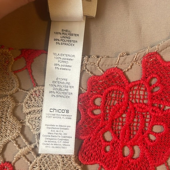 New nwt Chico’s Red and Tan Crochet Women's Top size XXL or size 4 lace detail - Picture 5 of 9